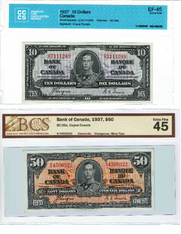 1937 $10 & $50 Bank of Canada Banknotes, Graded as shown in Hobbies & Crafts in City of Toronto