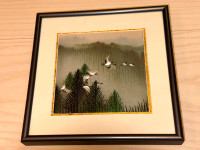 String Art of a forest and Crane birds, 7 1/4” x 7 1/4” framed