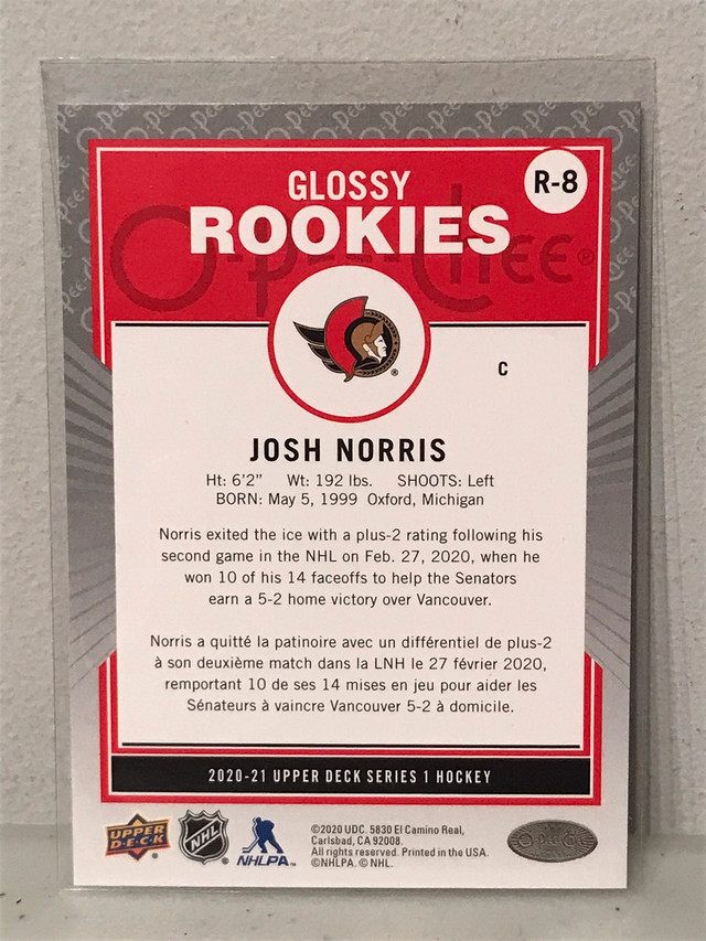 Josh Norris OPC O Pee Chee Glossy Rookie Hockey Card in Arts & Collectibles in Ottawa - Image 2