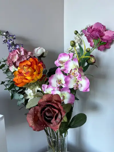 Glass vase with beautiful flowers and marble , View more