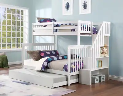 White Twin Over Full Bunk Bed with Storage Drawers & Staircase, View more