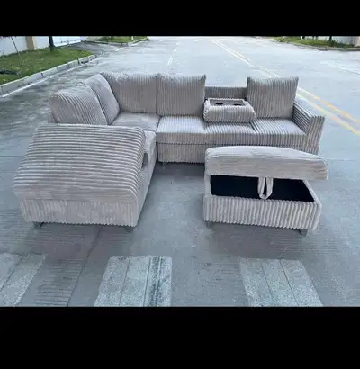 Cream Corduroy Plush Sectional Sofa with Ottoman, View more