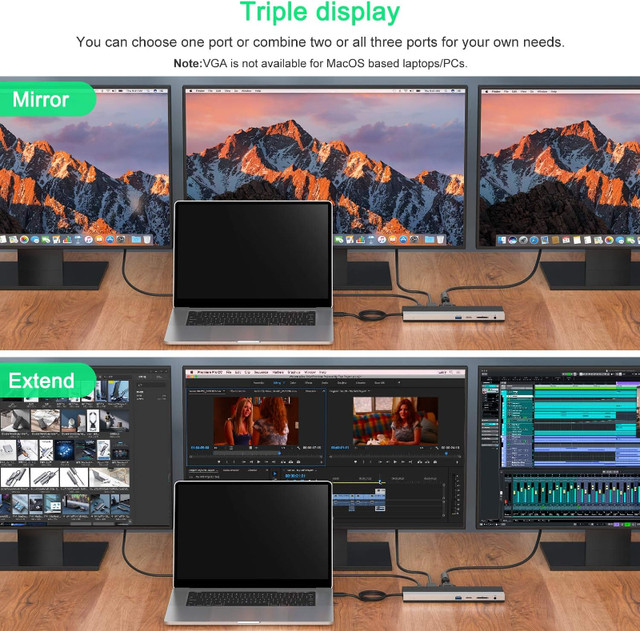 USB C Docking Station with HDMI DP VGA, PD 85W windows mac in Cables & Connectors in Markham / York Region - Image 3
