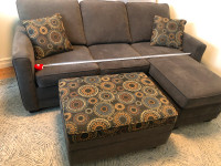 For sale sofa-bed with coil mattress, chair, ottoman and pillows