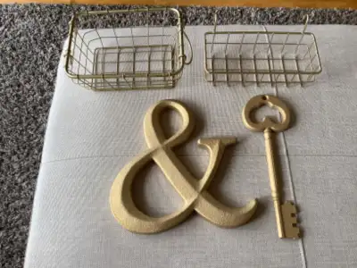 Large gold ampersand 10-1/2” long, gold key, gold wire baskets, View more