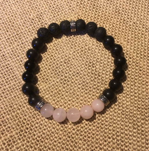 Pink Quartz, Silver Sheen Obsidian & Black Lava Rock Bracelet