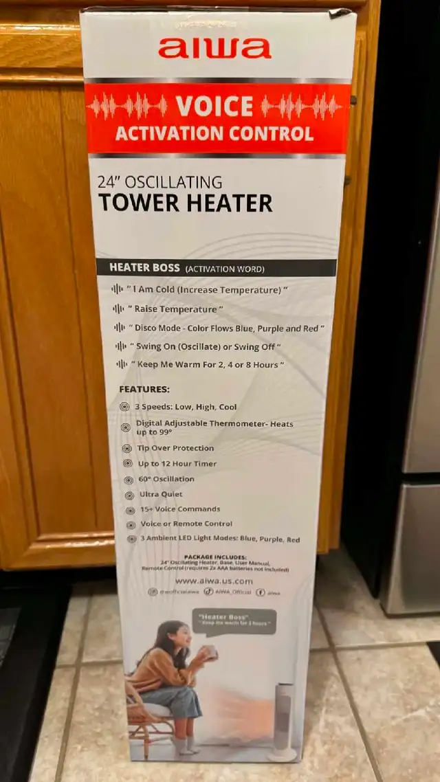 Aiwa voice-activated tower heater with fan