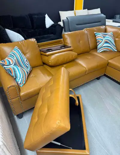 Tan Leather Sectional Sofa with Storage Ottoman, View more