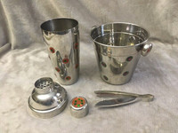 70s 80s Complete Set ICE BUCKET TONGS Drink Shaker Jewelled Side