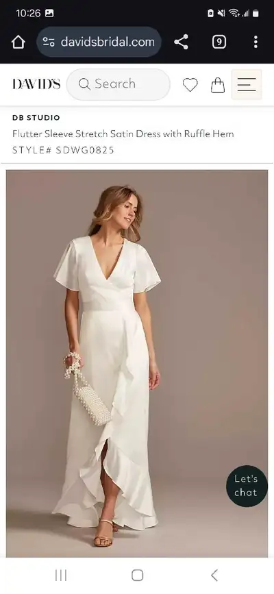 Lightweight v-neck, tie waist soft white dress with flutter sleeve. Stretch satin. Worn once only. A...