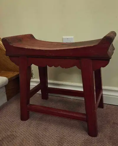 Antique Chinese Red Lacquered Farmer Wood Stool, View more
