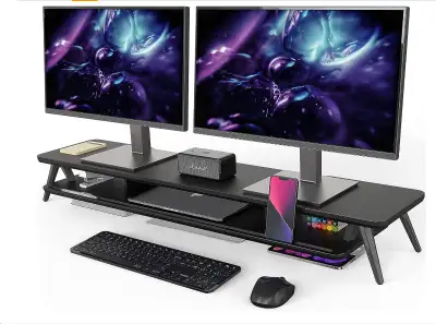 Fenge Dual Monitor Stand, Monitor Stands Riser for 2 monitors, 42.5 Inch Wood Desk Shelf with Storag...