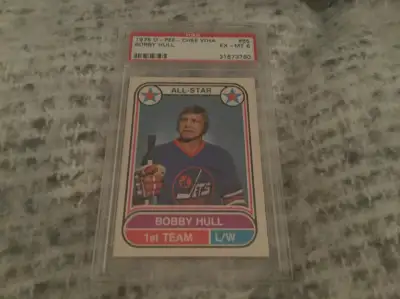 1975 1976 75 76 O Pee Chee OPC WHA Bobby Hull All-Star card #65. Graded at PSA6 (EX - MT). It has be...