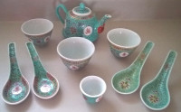 Rare Vintage Famille Rose Turquoise Teapot, Cups & Spoons