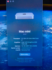 MAC MINI 2018 3.2GHZ 6 CORE i7 32GB RAM 128GB SSD REDUCED 500$