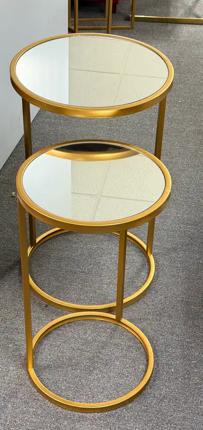 GLASS MIRROR WITH METAL COATED IN GOLD NESTING TABLE SET., View more