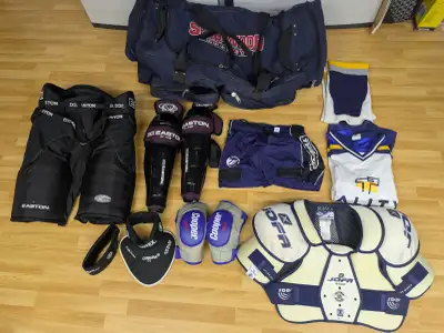 Sr hockey gear - pants/pads/neck guard/helmet/shorts/jersey/bag, View more