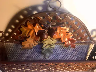 Unique wall metal shelf organizer, deep pocket and 3 hooks, View more