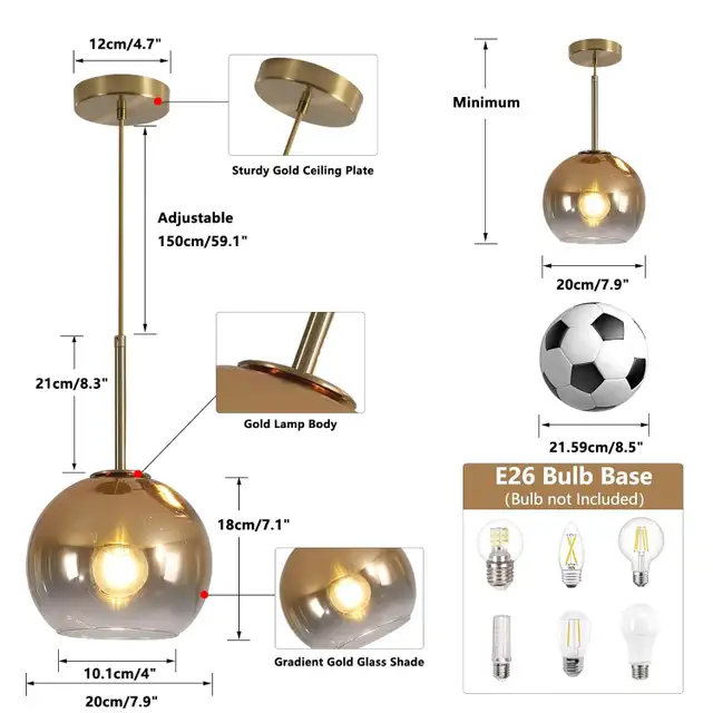 KCO Lighting Modern Gold Glass Pendant Light Fixture BRAND NEW in Indoor Lighting & Fans in London - Image 4