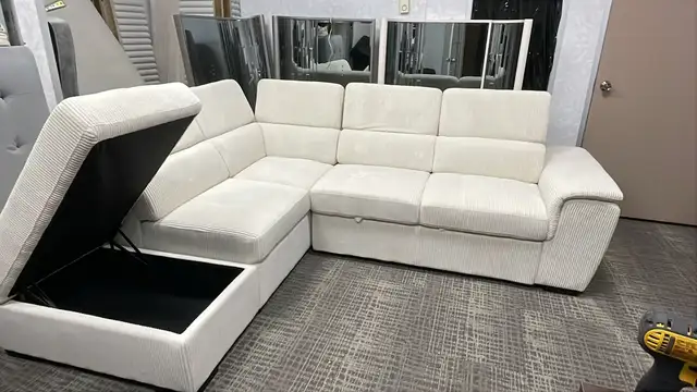 Soft Thin Corduroy Sectional Sofa Bed with Adjustable Headrests  in Couches & Futons in Kingston - Image 2