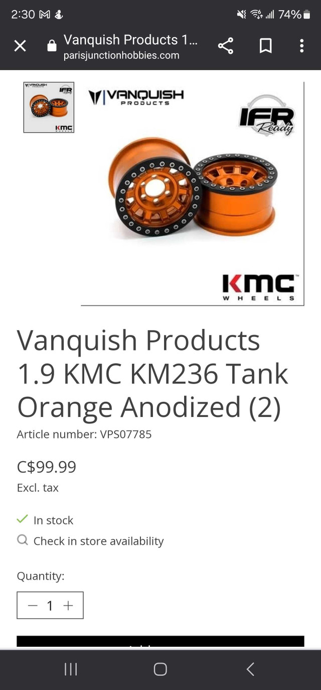 Vanquish products Tank Orange KMC 1.9 wheels in Hobbies & Crafts in St. Albert - Image 2