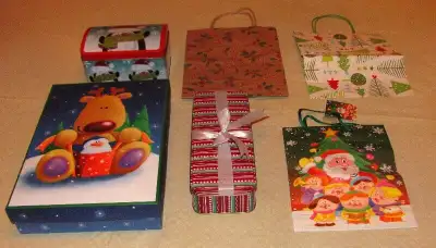Assorted (6) Christmas Gift Tins / Box / Bags - Like New, View more