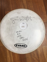 ACDC Drummer Simon Wright bass drum skin signed  WHO MADE WHO