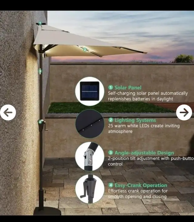 HELIOS&HESTIA 9 FT SOLAR LED WALL UMBRELLA  in Patio & Garden Furniture in Sarnia - Image 3