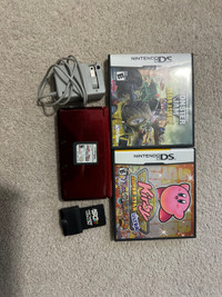 Red Nintendo 3DS with charger, action replay, stylus and games