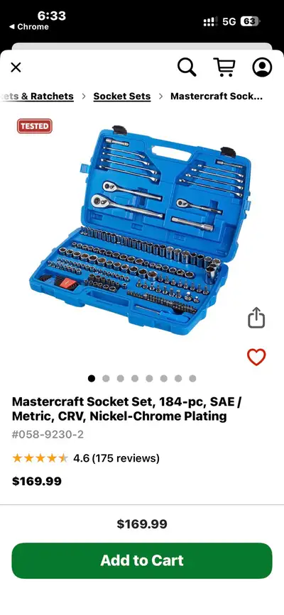 This Mastercraft socket set is a comprehensive 184-piece kit, perfect for any mechanic or DIY enthus...