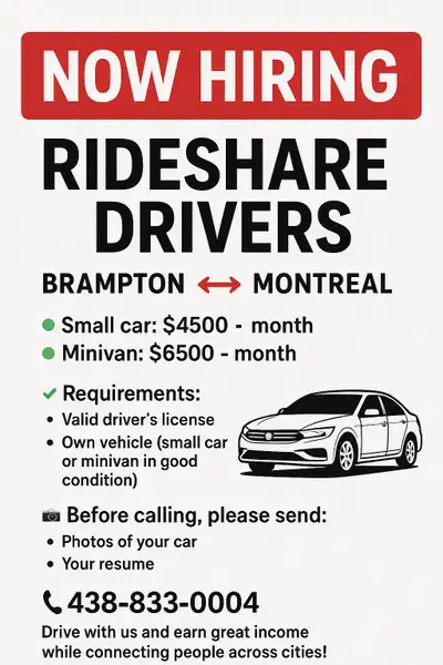 NOW HIRING RIDESHARE DRIVERS – BRAMPTON TO MONTREAL ROUTE We are looking for reliable and profession...