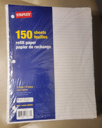 4 packs of Staples ruled paper refills, three hole, 150 sheets
