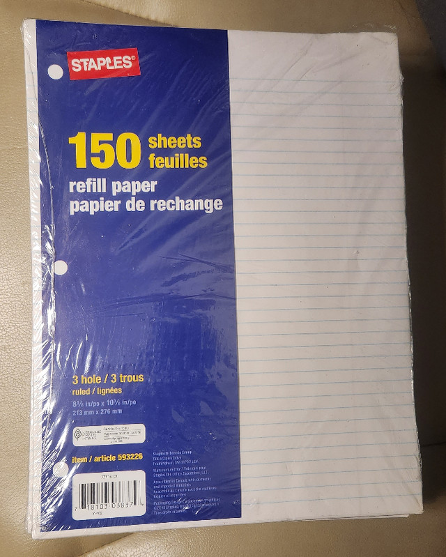 4 packs of Staples ruled paper refills, three hole, 150 sheets in Other in Cambridge
