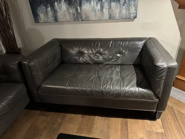 Leather Sofa Loveseat and Ottoman Grey in Couches & Futons in Calgary - Image 3