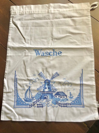 German Wasche Wash Linen Laundry Bag Cross Stitch Windmill Blue