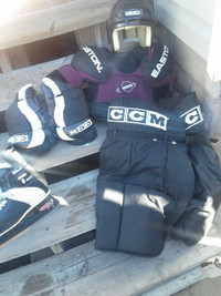 CCM Helmat, Gloves, Pants & Easton Catalyst Shoulder Pads