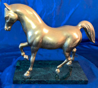 Vtg Heavy Cast Brass Horse Statue Sculpture Mounted On Marble