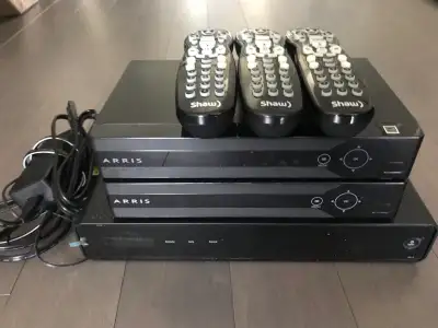 Shaw Gateway HDPVR and digital cable tv boxes. 1 source; 2 dependent tv boxes. Power cords Remote co...