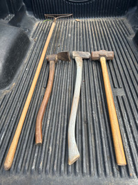 Axe, sledge hammer, rake and log hewing adze