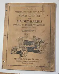 1954 Massey-Harris MH33 MH 33 Diesel Tractor Repair Parts Book