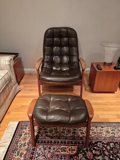 Vintage MCM Scoop Chair with Ottoman by R Huber & Co, View more