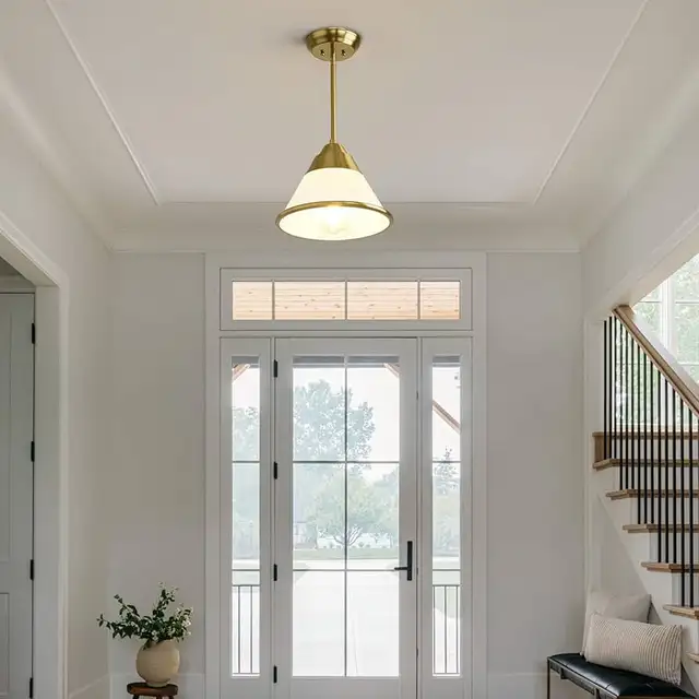 9.4” Cone Milk Glass Pendant Light Fixture, Gold in Indoor Lighting & Fans in Markham / York Region - Image 8