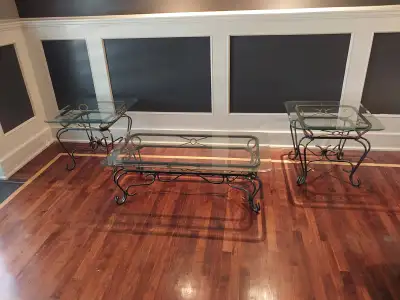 GLASS COFFEE TABLE AND 2 END TABLES, View more