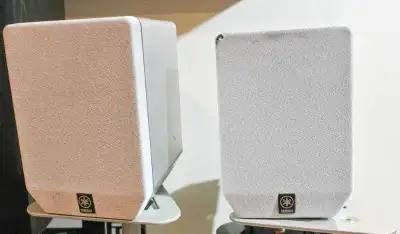 Yamaha surround sound speakers with matching adjustable stands, View more