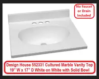 NEW Design House 552331 Cultured Marble Vanity Top 19”x17” White