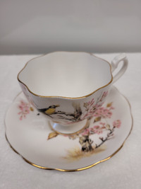 Unique VTG Footed Queen Anne Cup & Saucer Bird & Blossoms #5347
