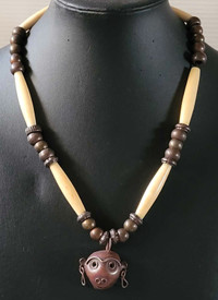 Vintage Rare Carved Bone Tribal Necklace w/ Copper Face Pendant