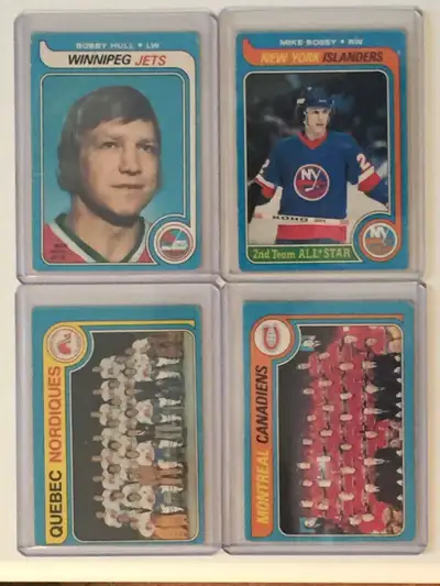 1979-80 OPC (O-Pee-Chee) "Key" hockey cards, qty. 4 cards, VG/VG+ # 185, Bobby Hull - $ 20.00 # 230,...