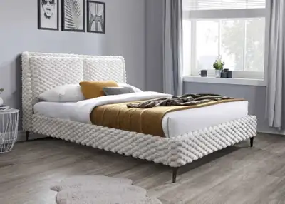 CREAM SOFT-TOUCH FABRIC PLATFORM BED QUEEN AND KING.. The Cream Soft-Touch Fabric Platform Bed it co...