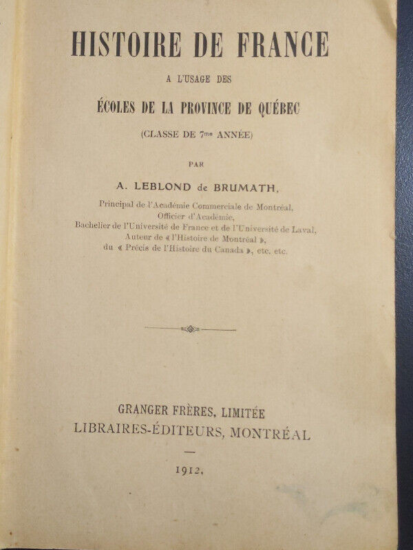 Livre Antique Histoire de France Leblond de Brumath Quebec 1912 dans Art et objets de collection  à Cornwall - Image 4